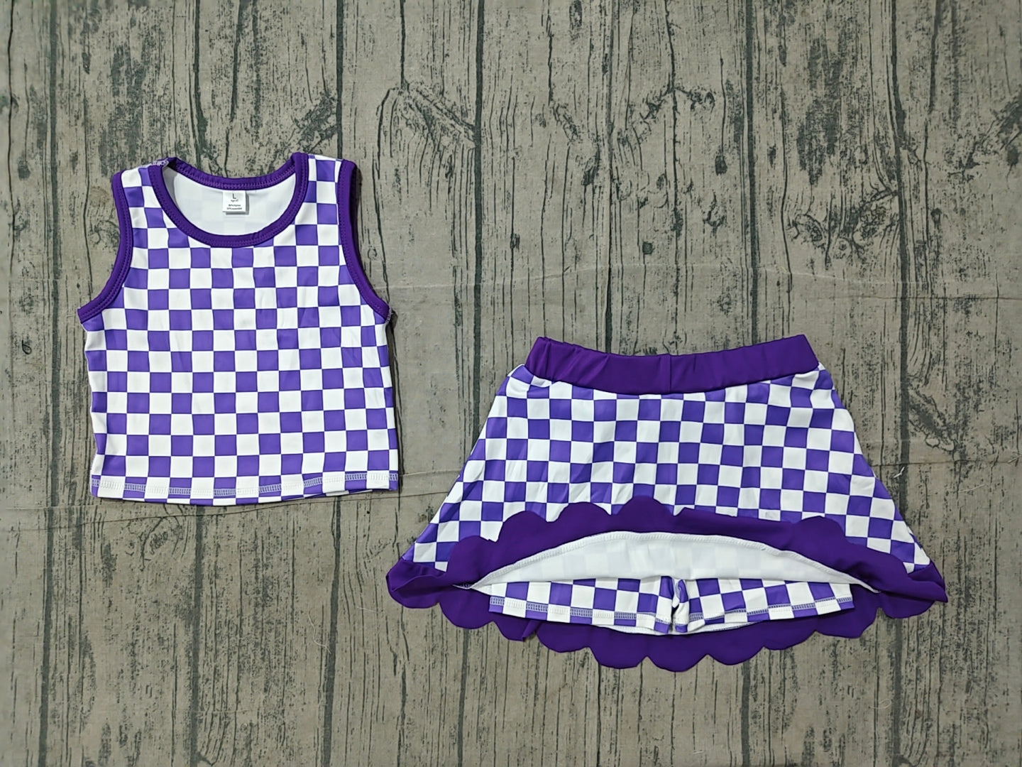 Scallop blue plaid girls summer team active wear set