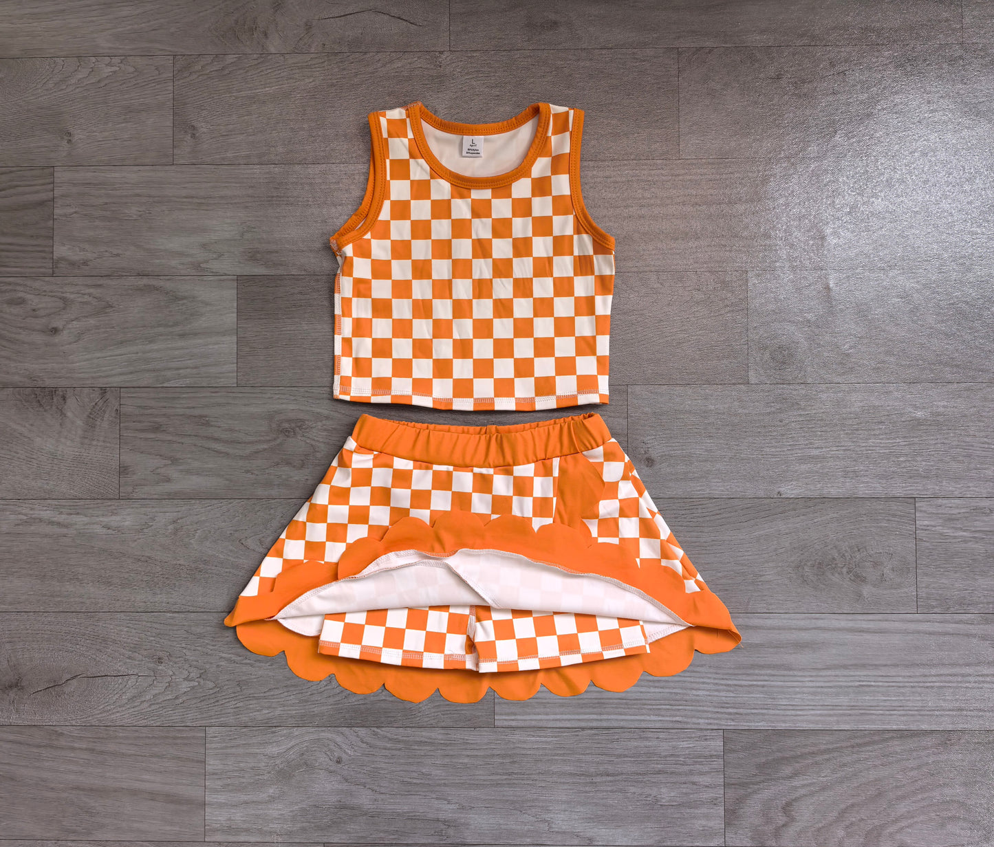 Sleeveless orange plaid scallop girls team active wear set