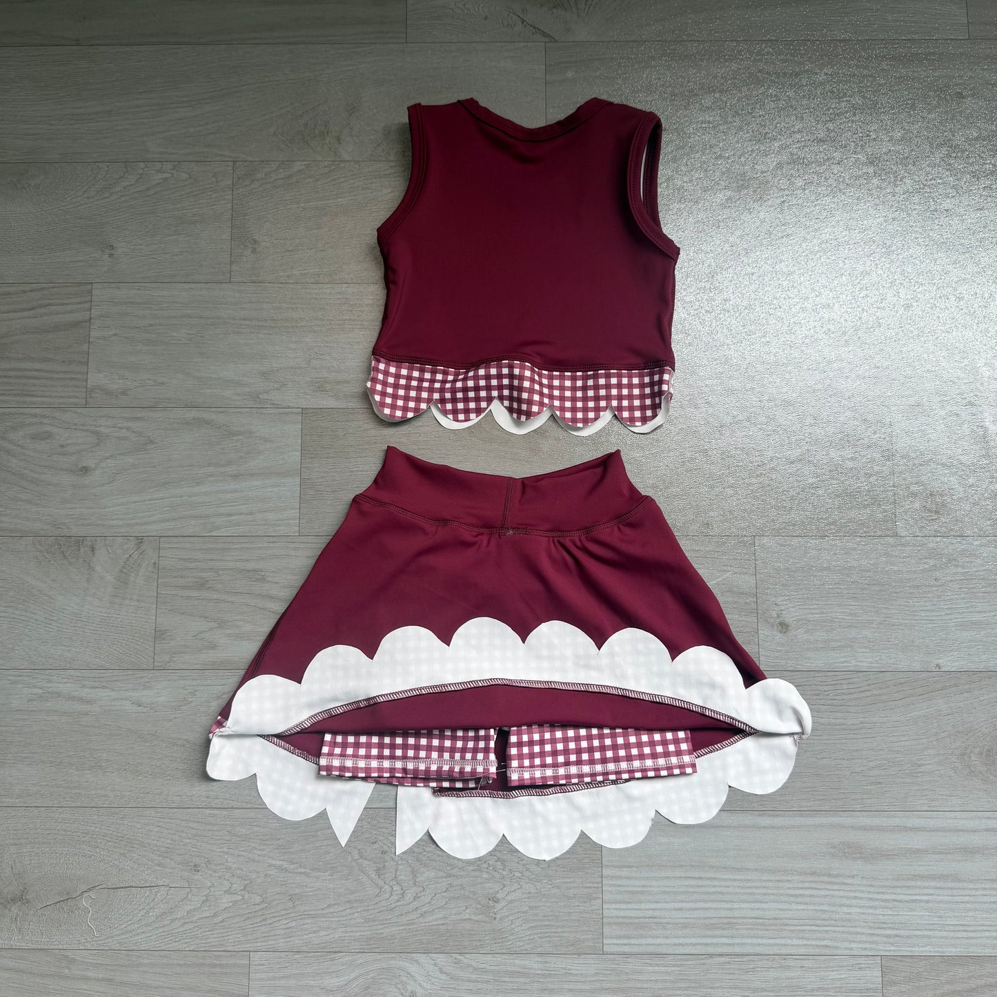 Sleeveless maroon plaid scallop girls summer active wear set