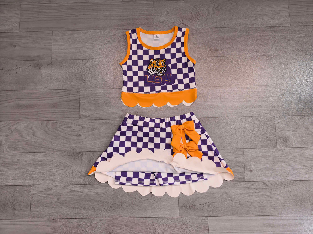 Sleeveless tiger purple plaid scallop girls team active wear set