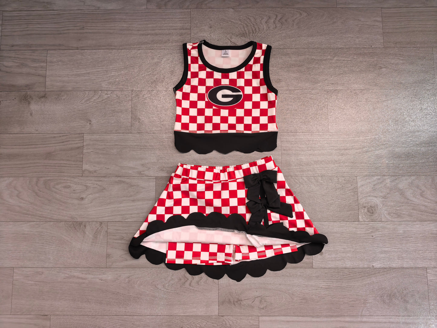 Sleeveless red G plaid scallop girls team active wear set