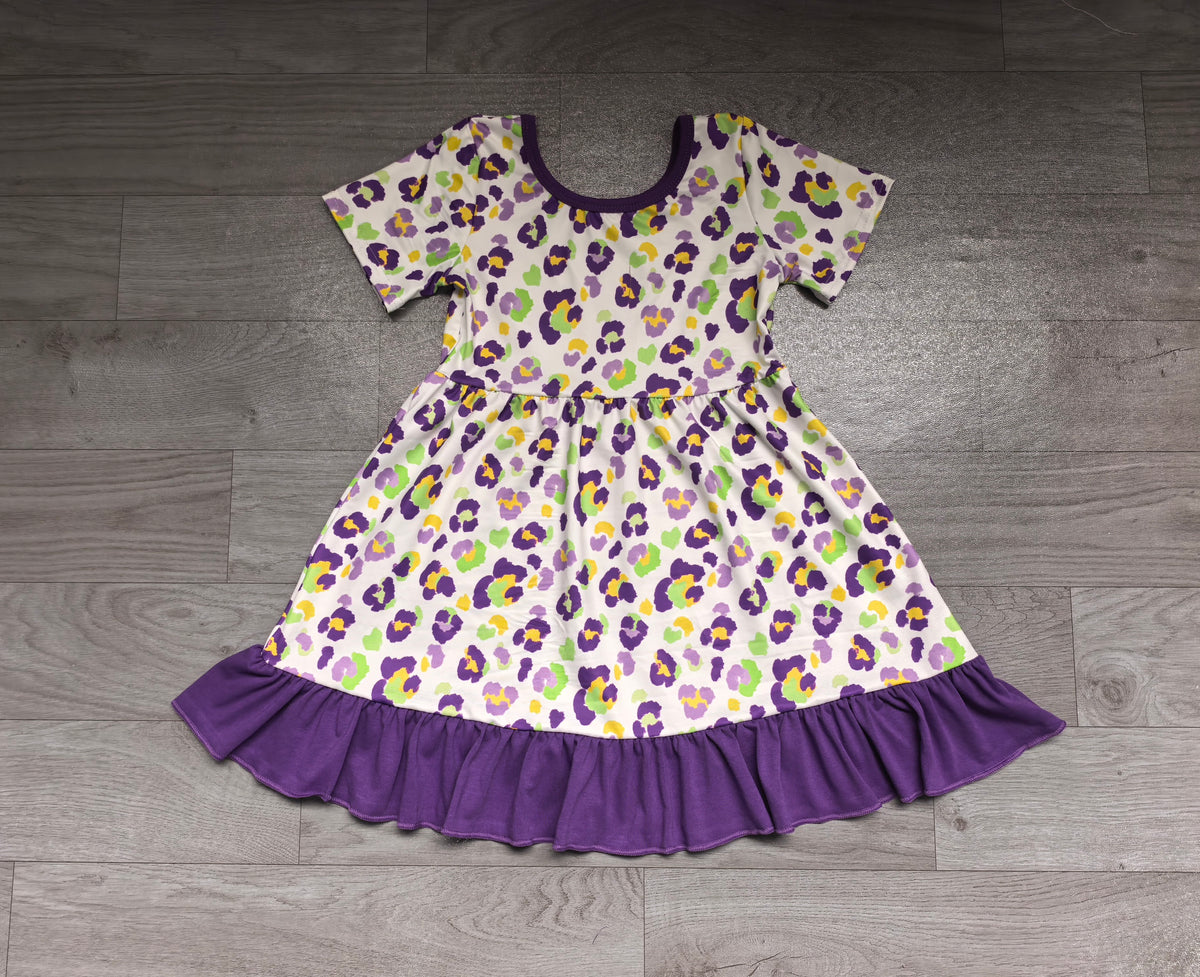 Short sleeves purple ruffle leopard girls Mardi Gras dress
