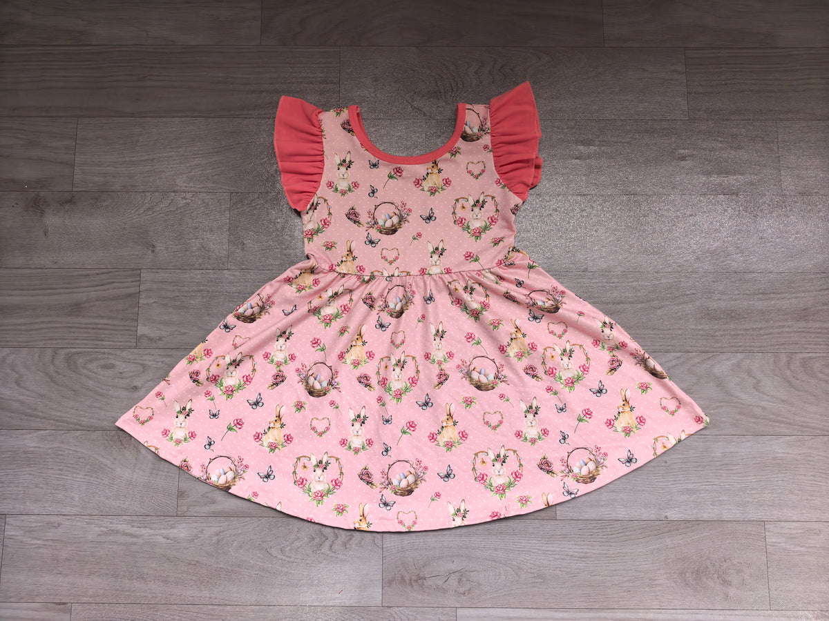 Flutter sleeves rabbit eggs kids girls Easter dress