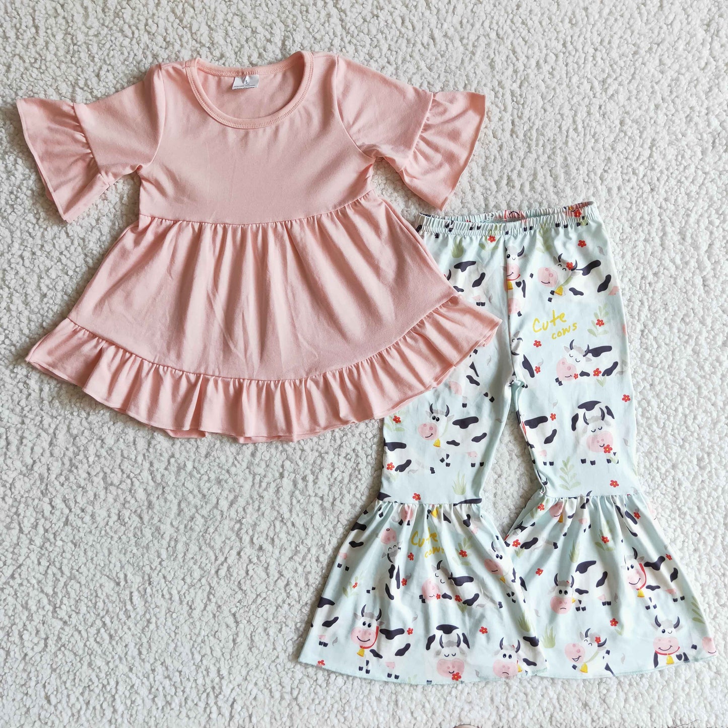 Pink tunic cow bell bottom pants girls clothing set