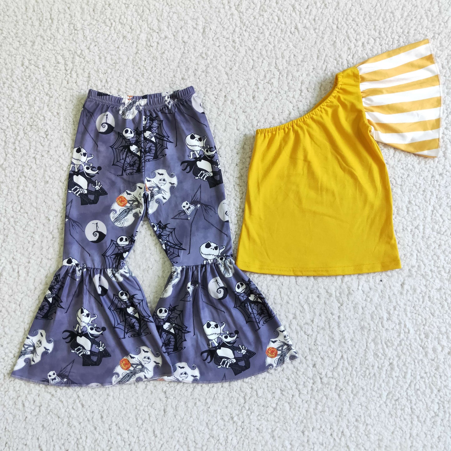 One shoulder shirt pumpkin skull pants girls Halloween outfits