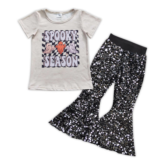 Ghost spooky season top black sequin pants girls Halloween clothes
