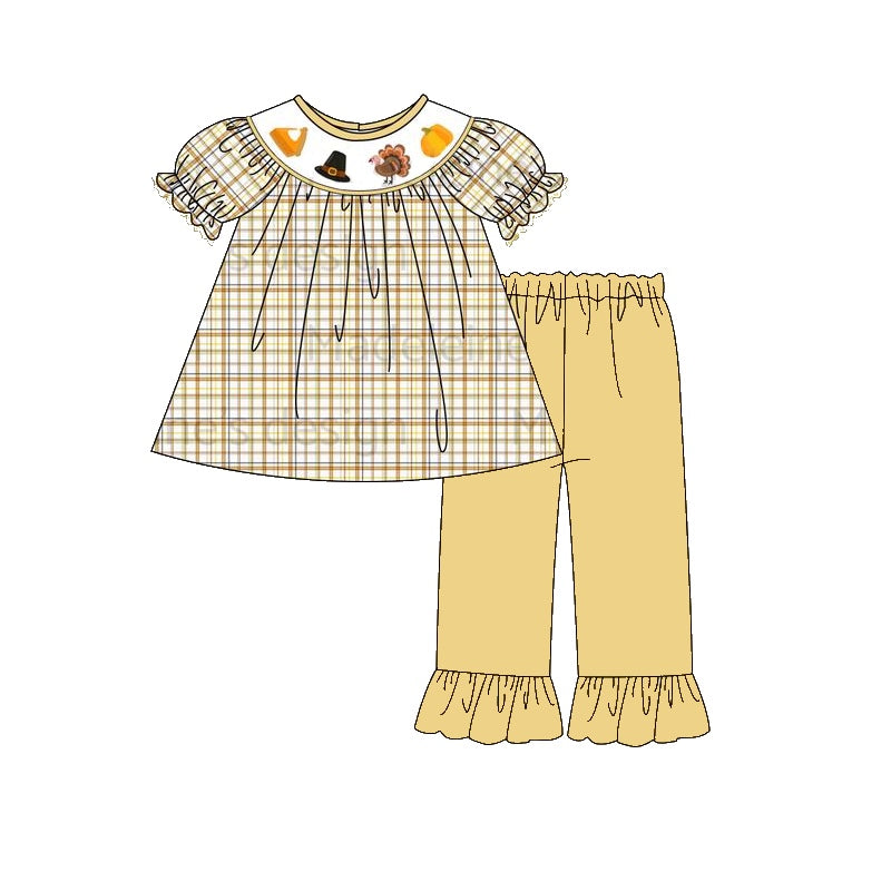 Pumpkin pie turkey plaid tunic pants girls Thanksgiving set