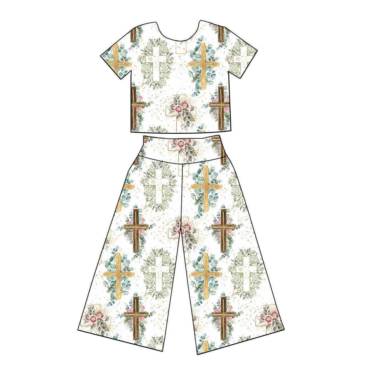 Short sleeves floral cross top pants kids girls Easter clothes