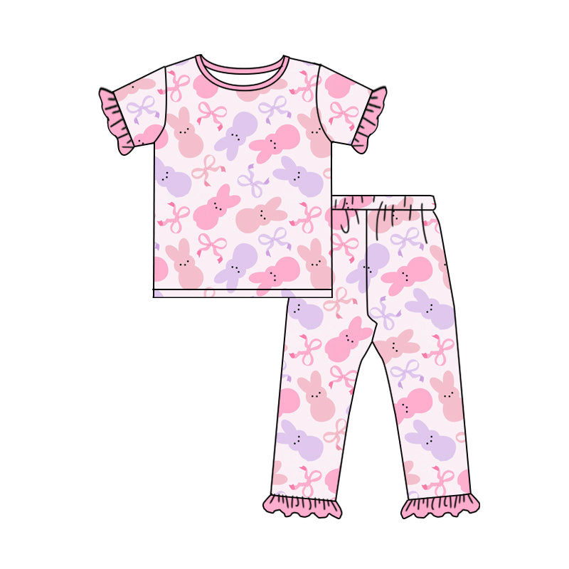 Short sleeves bunny bow top pants girls Easter pajamas