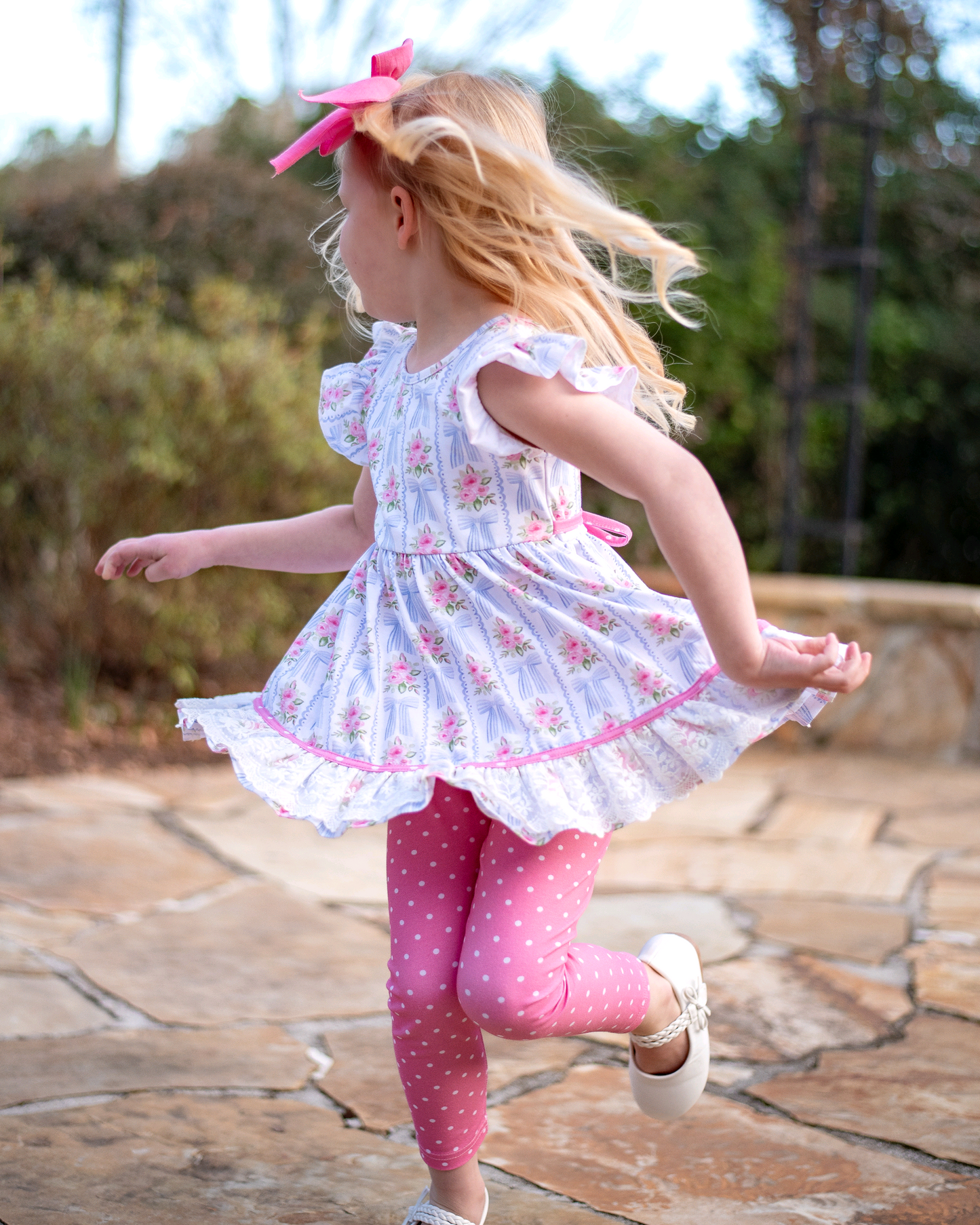 Flutter sleeves floral bow tunic polka dots leggings girls clothes