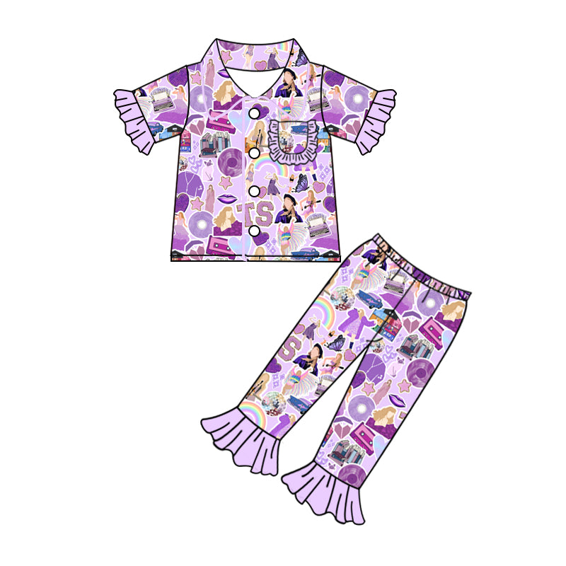 Lavender pocket rainbow top pants singer girls button down pajamas