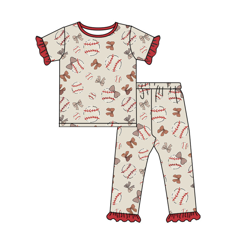 Red ruffle short sleeves bow baby girls pajamas