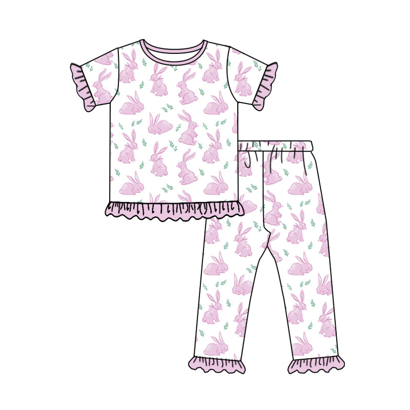 Pink ruffle short sleeves kids girls Easter pajamas