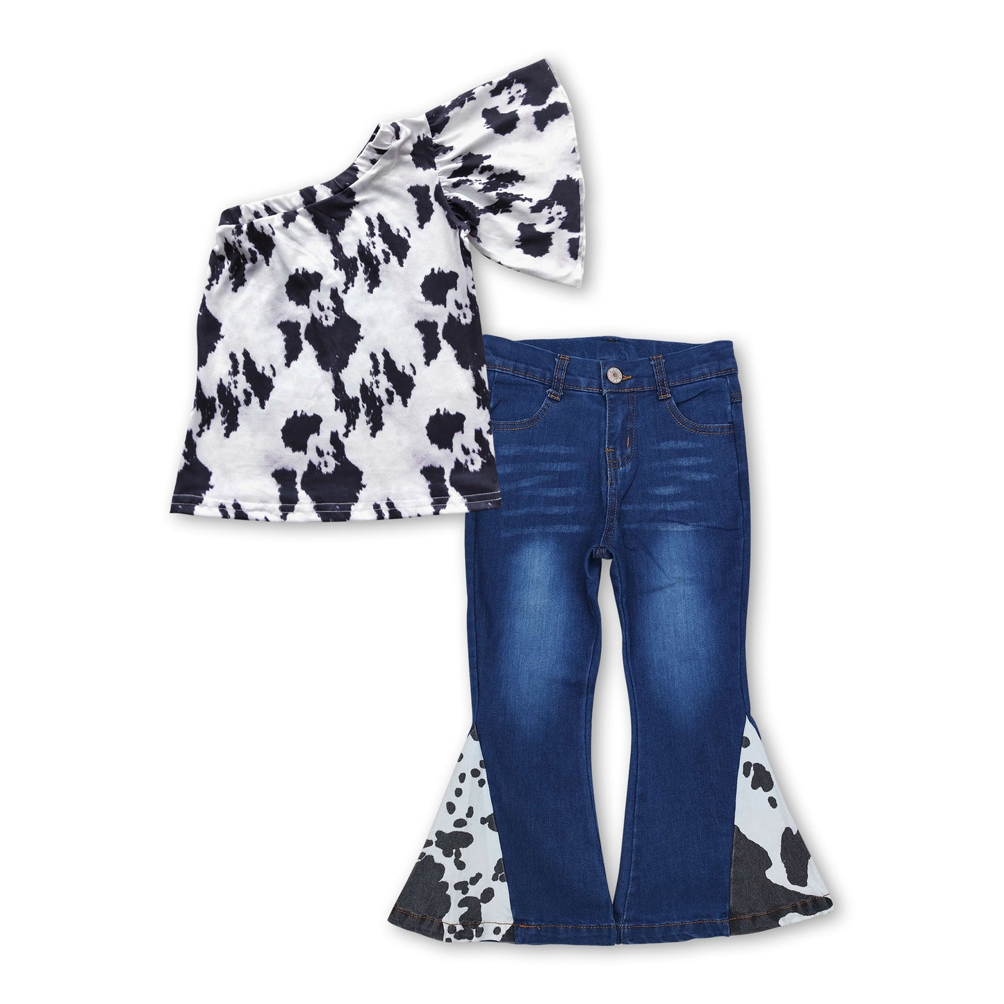 One shoulder black cow top cow jeans girls clothes