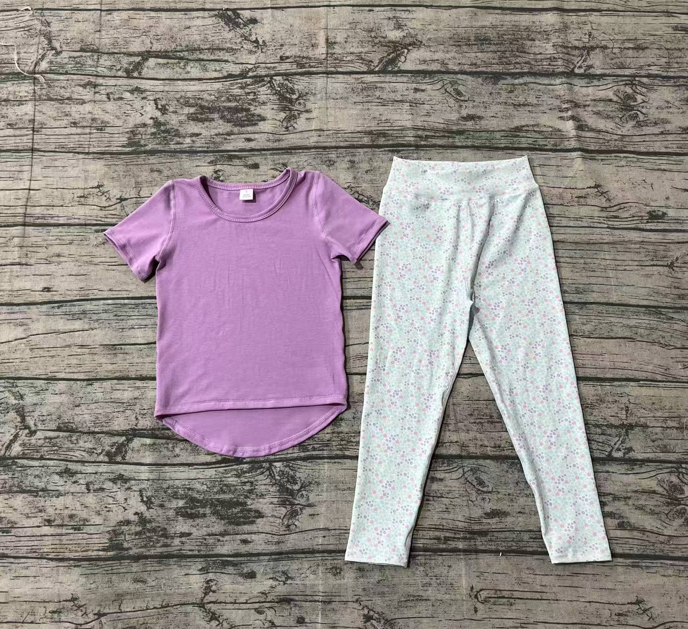 Short sleeves top floral leggings girls activewear set
