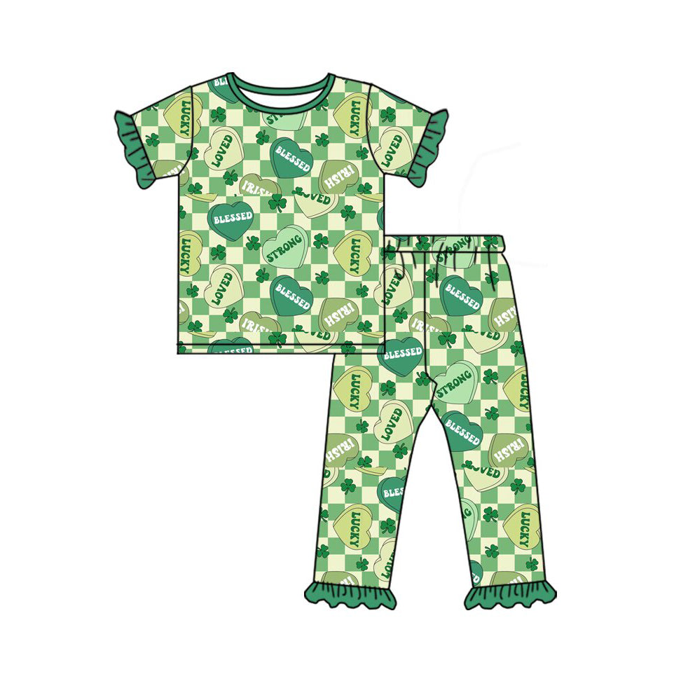 green luck heart leaves plaid print girl set