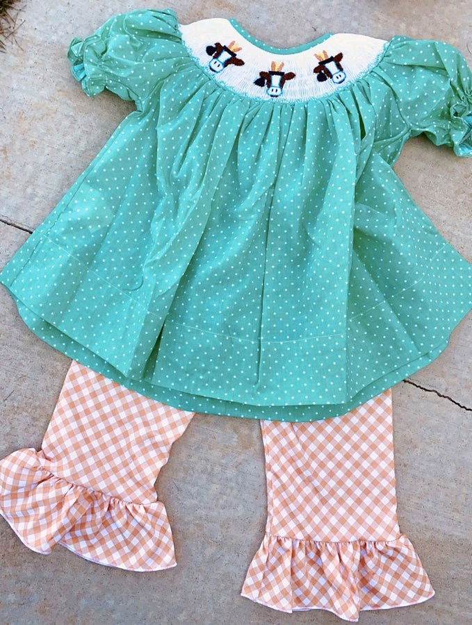 green polka cow embroidery kids girls outfits