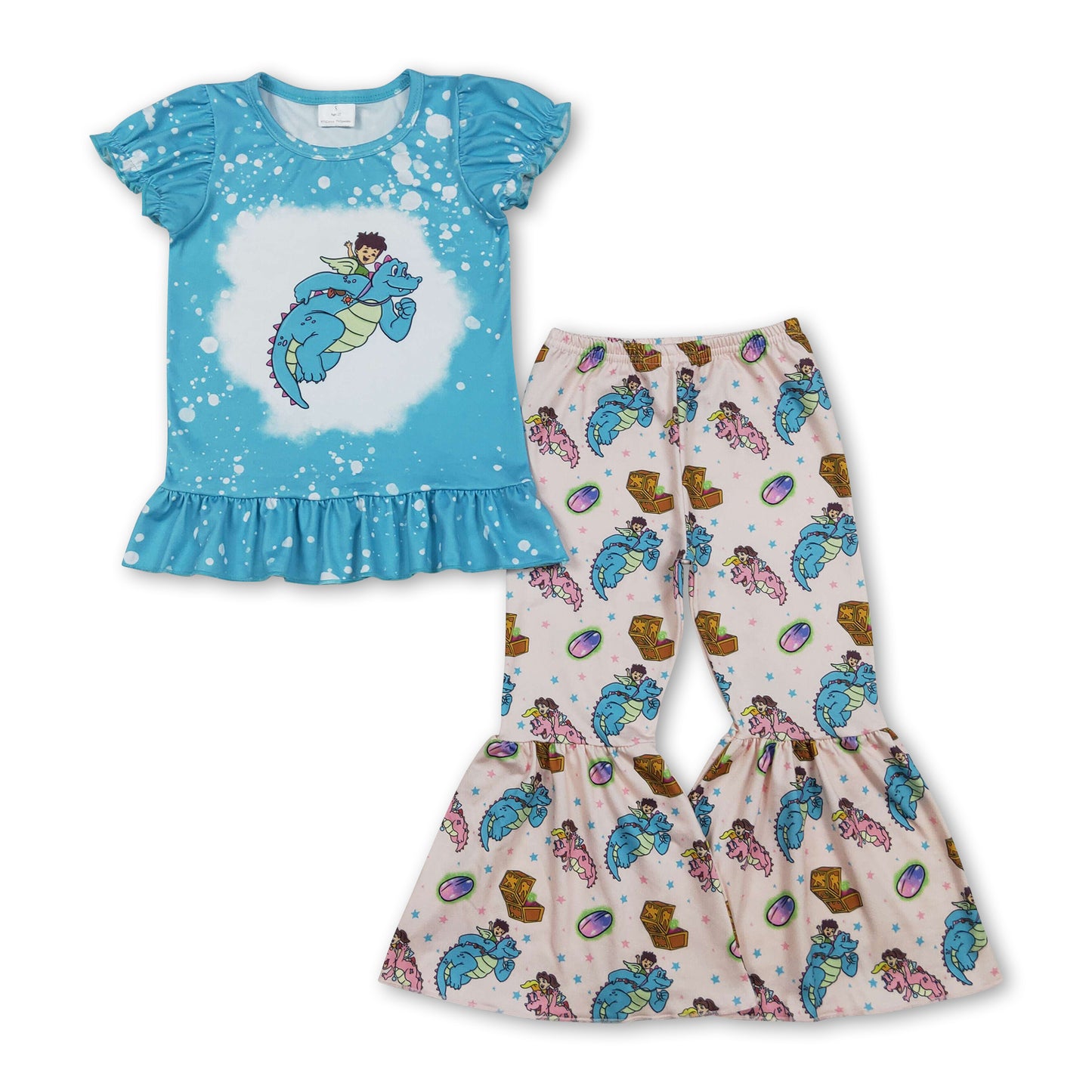 Short sleeves dinosaur ruffle bleached top pants girls outfits