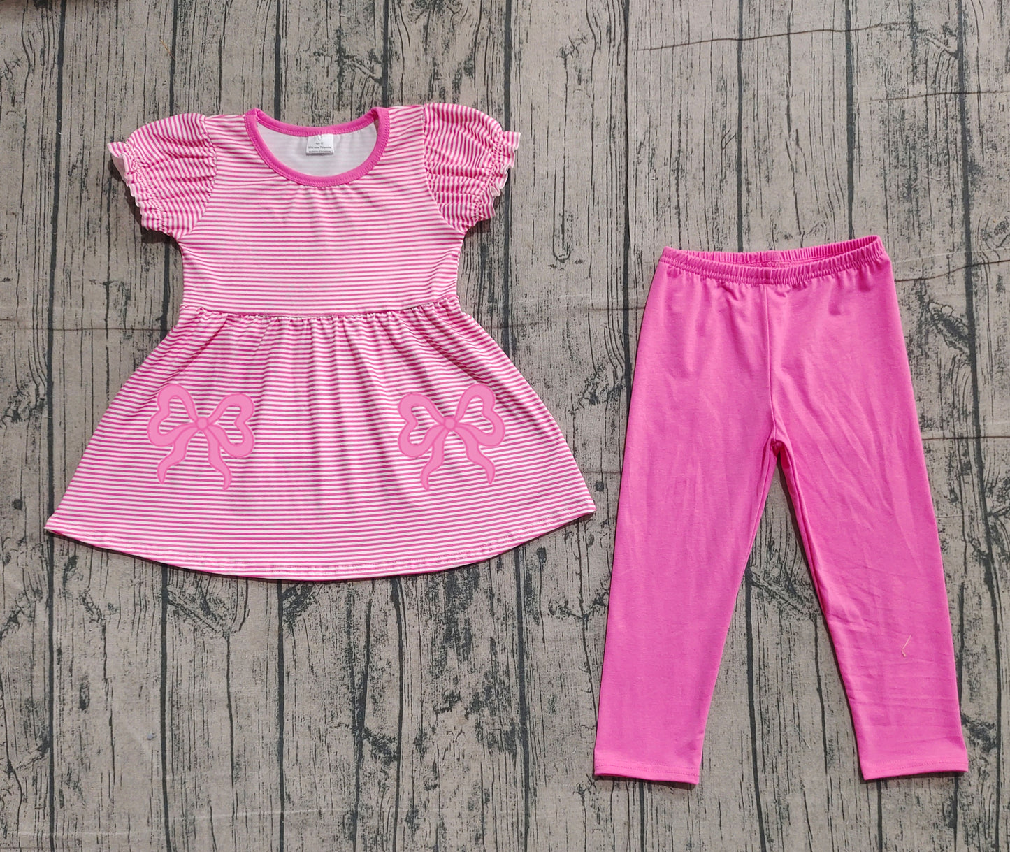 Short sleeves pink stripe bow tunic leggings girls outfits