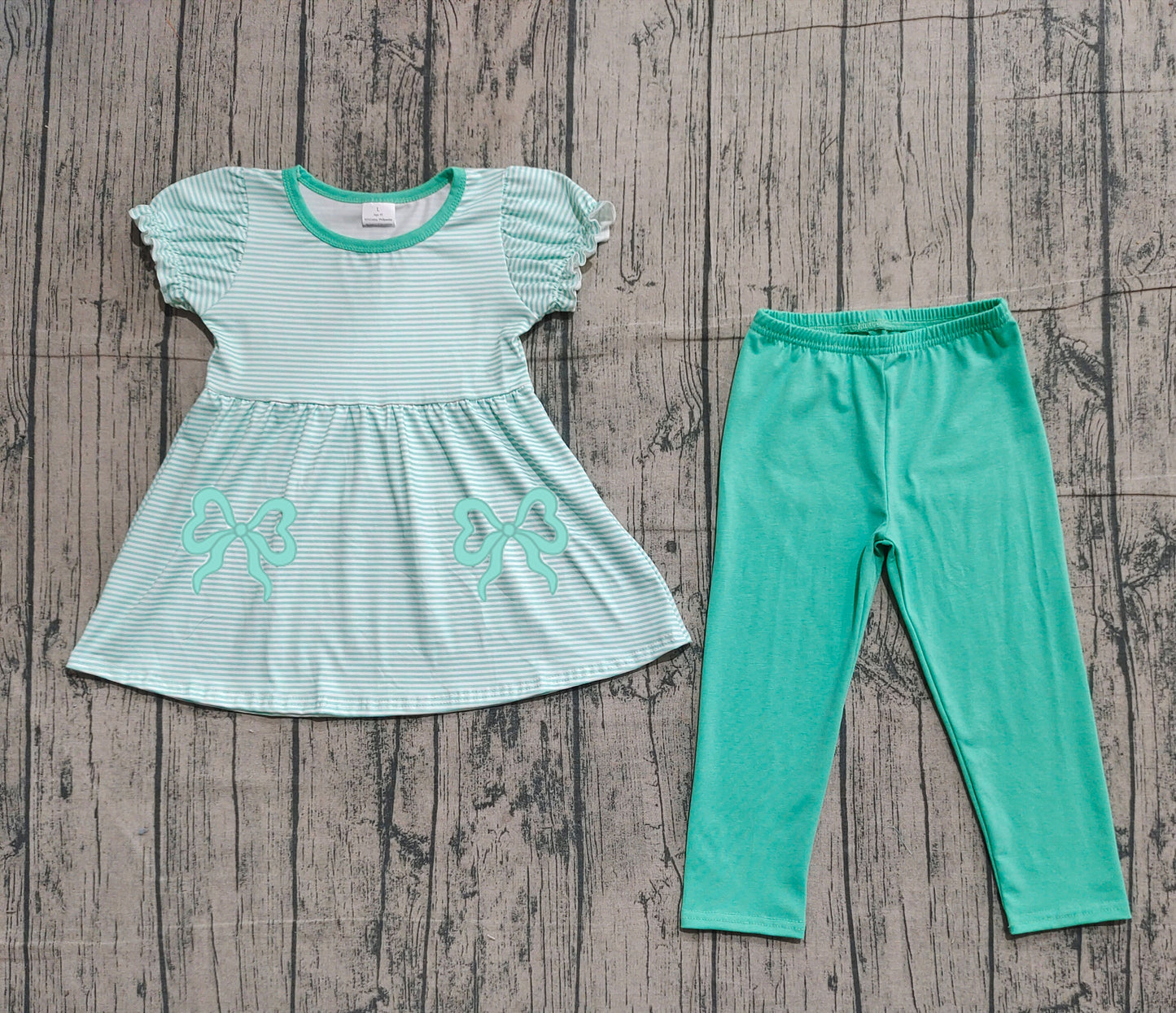 Short sleeves mint stripe bow tunic leggings girls outfits
