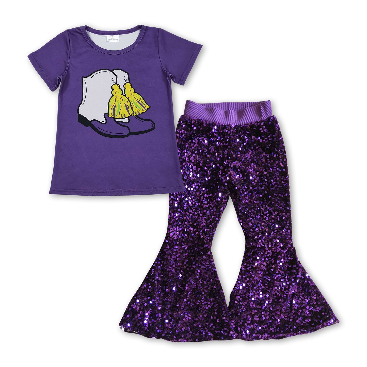 Boots top purple sequin pants girls Mardi Gras clothing set