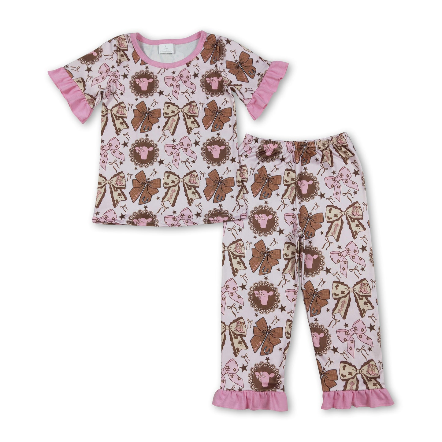 Pink ruffle short sleeves cow bow western girls pajamas