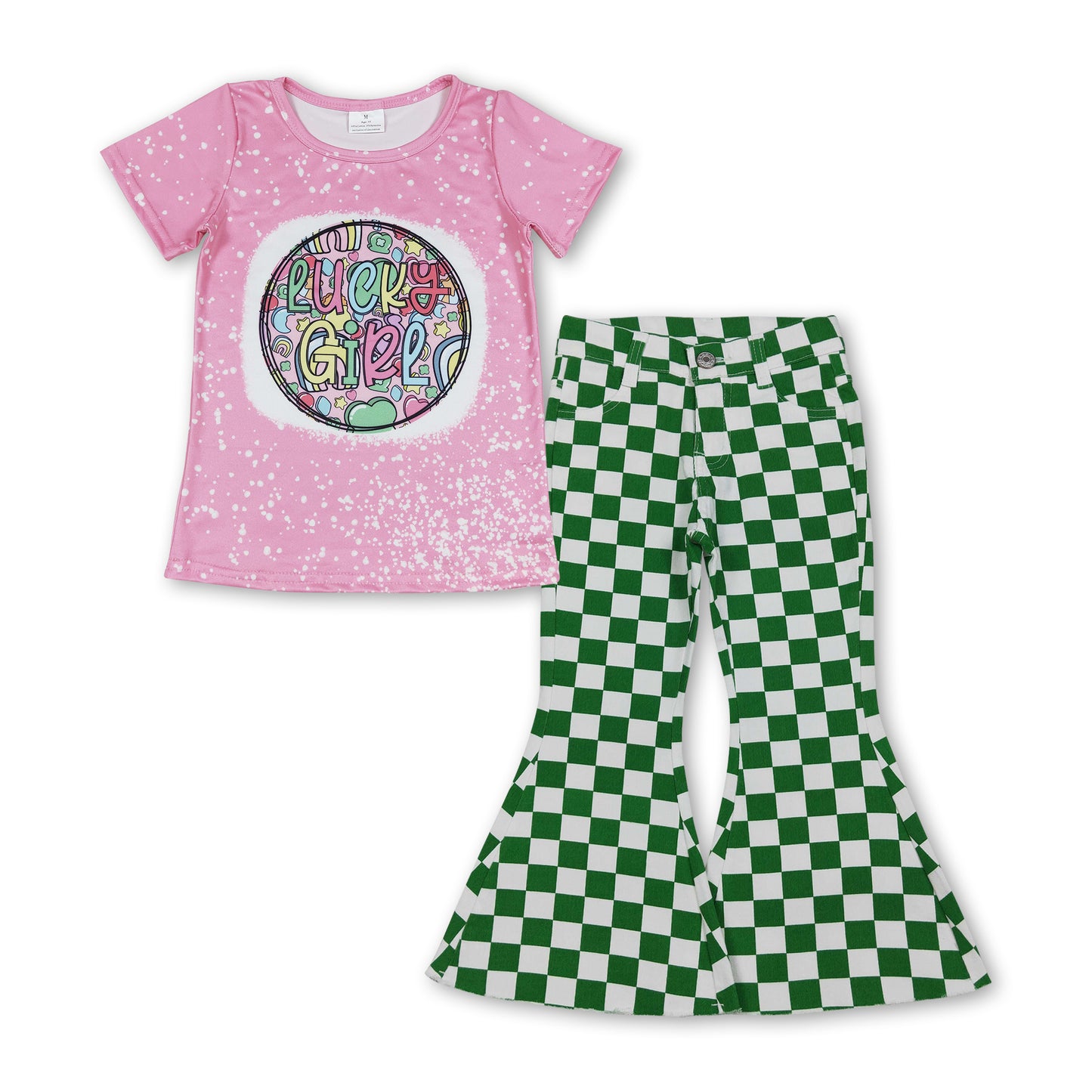 Lucky girl bleached top green plaid pants St Patrick's outfit