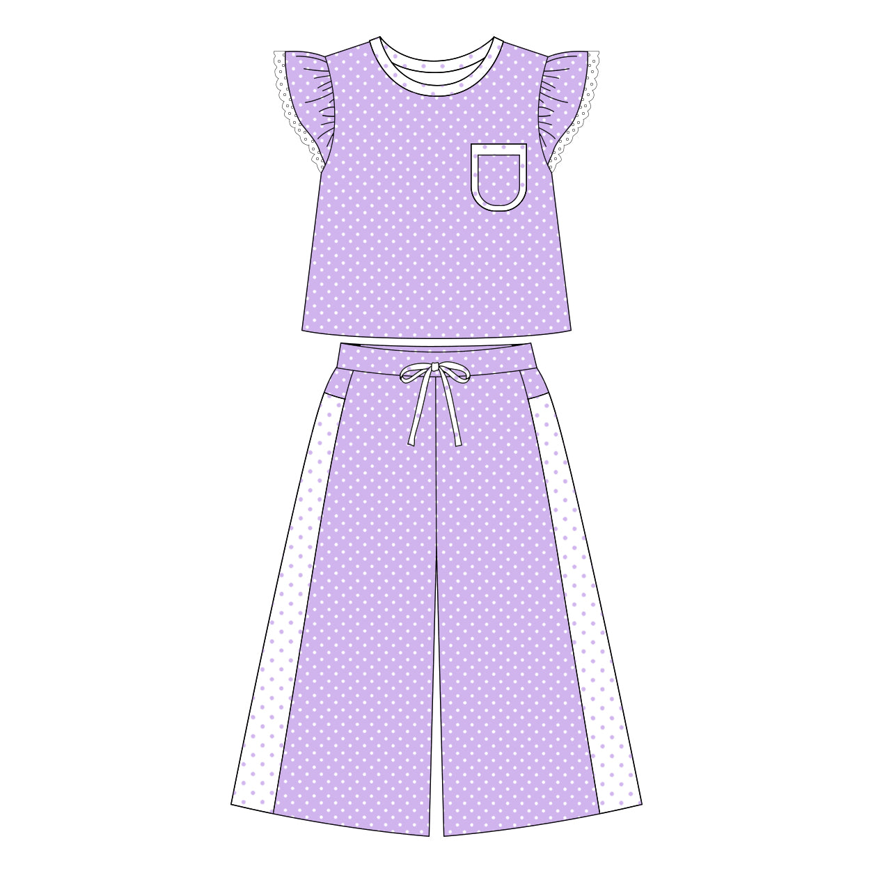 Lavender polka dots flutter sleeves top pants girls outfits
