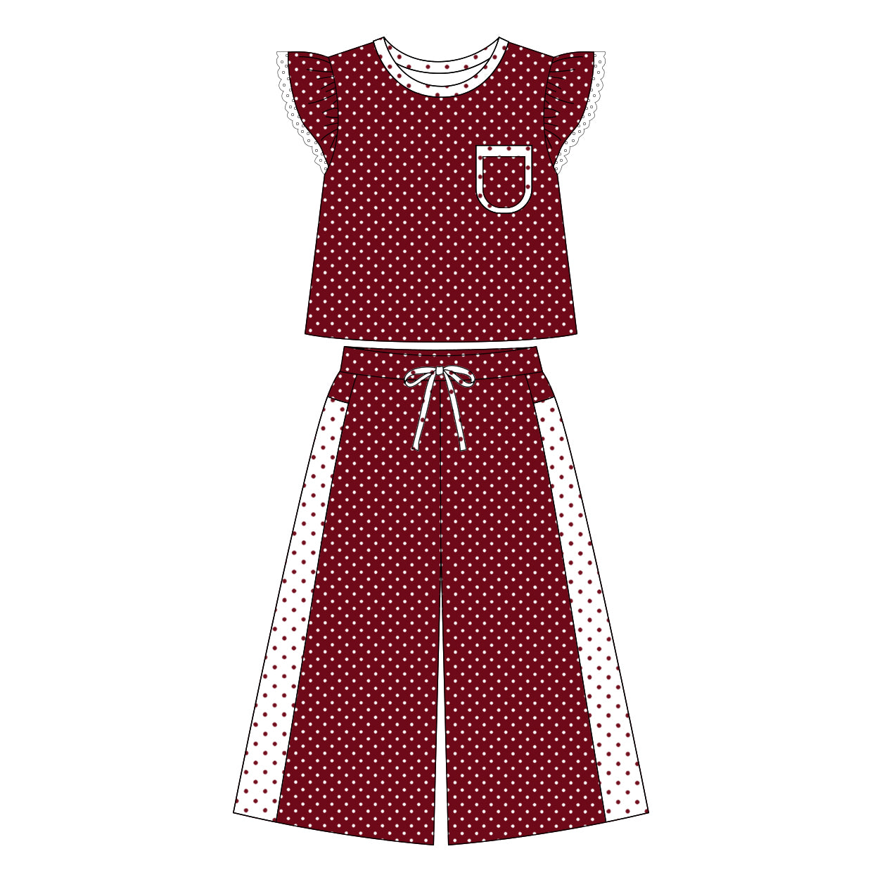 Maroon polka dots flutter sleeves top pants girls outfits
