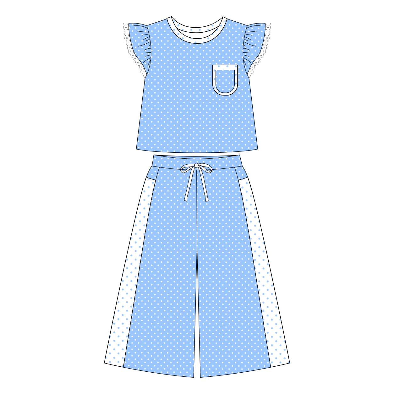 Blue polka dots flutter sleeves top pants girls outfits