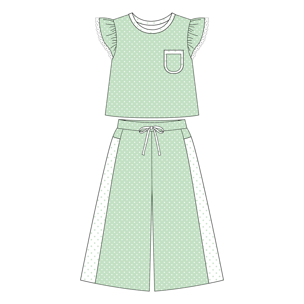 Green polka dots flutter sleeves top pants girls outfits