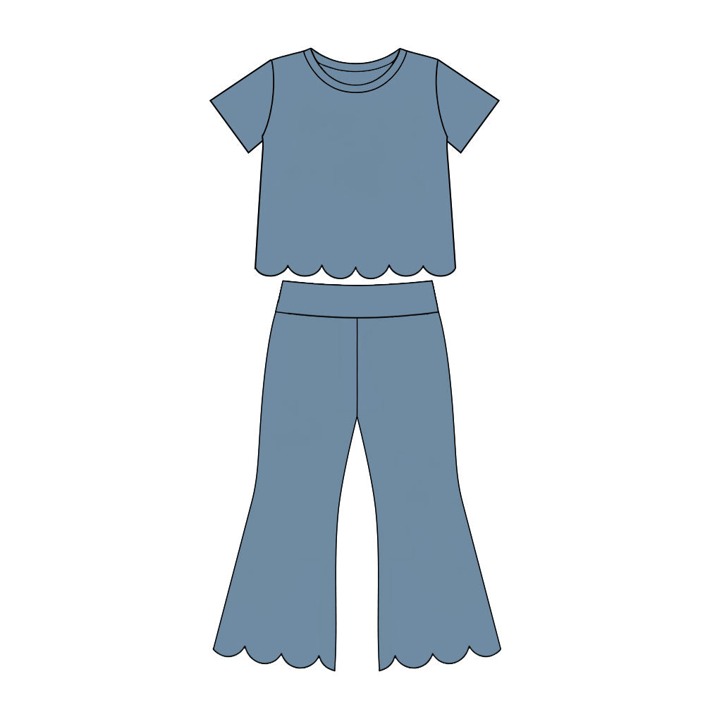 Short sleeves scallop blue cotton top pants girls outfits