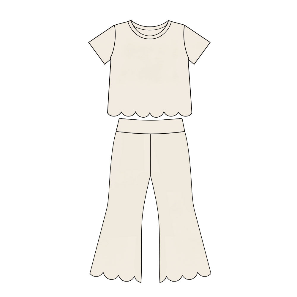 Short sleeves scallop beige cotton top pants girls outfits
