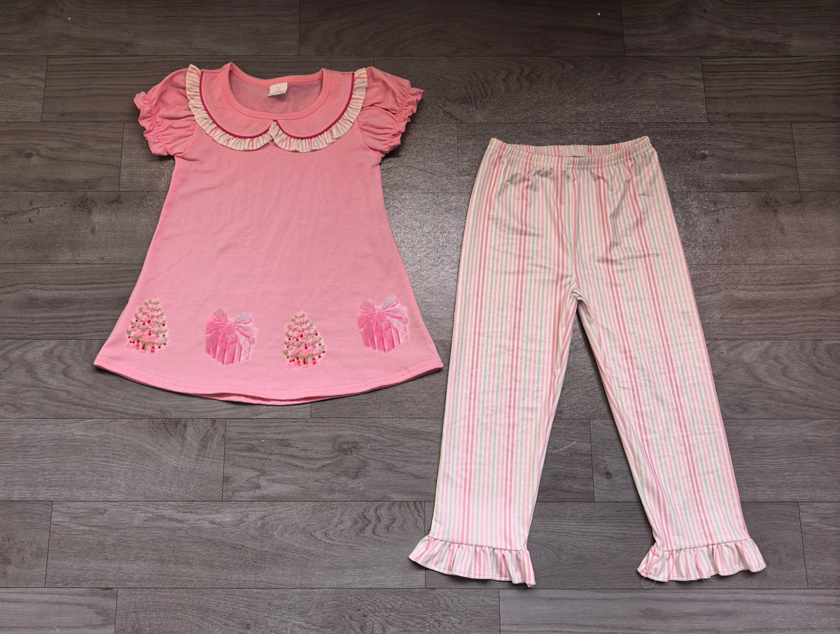 Short sleeves Christmas tree gift top pants girls outfits