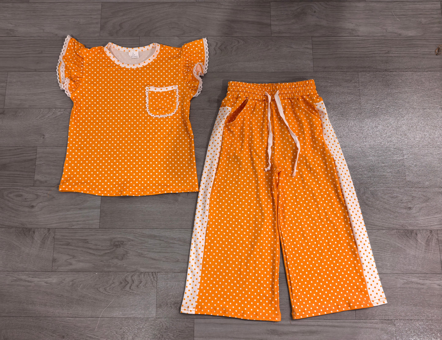 Orange polka dots flutter sleeves top pants girls team outfits