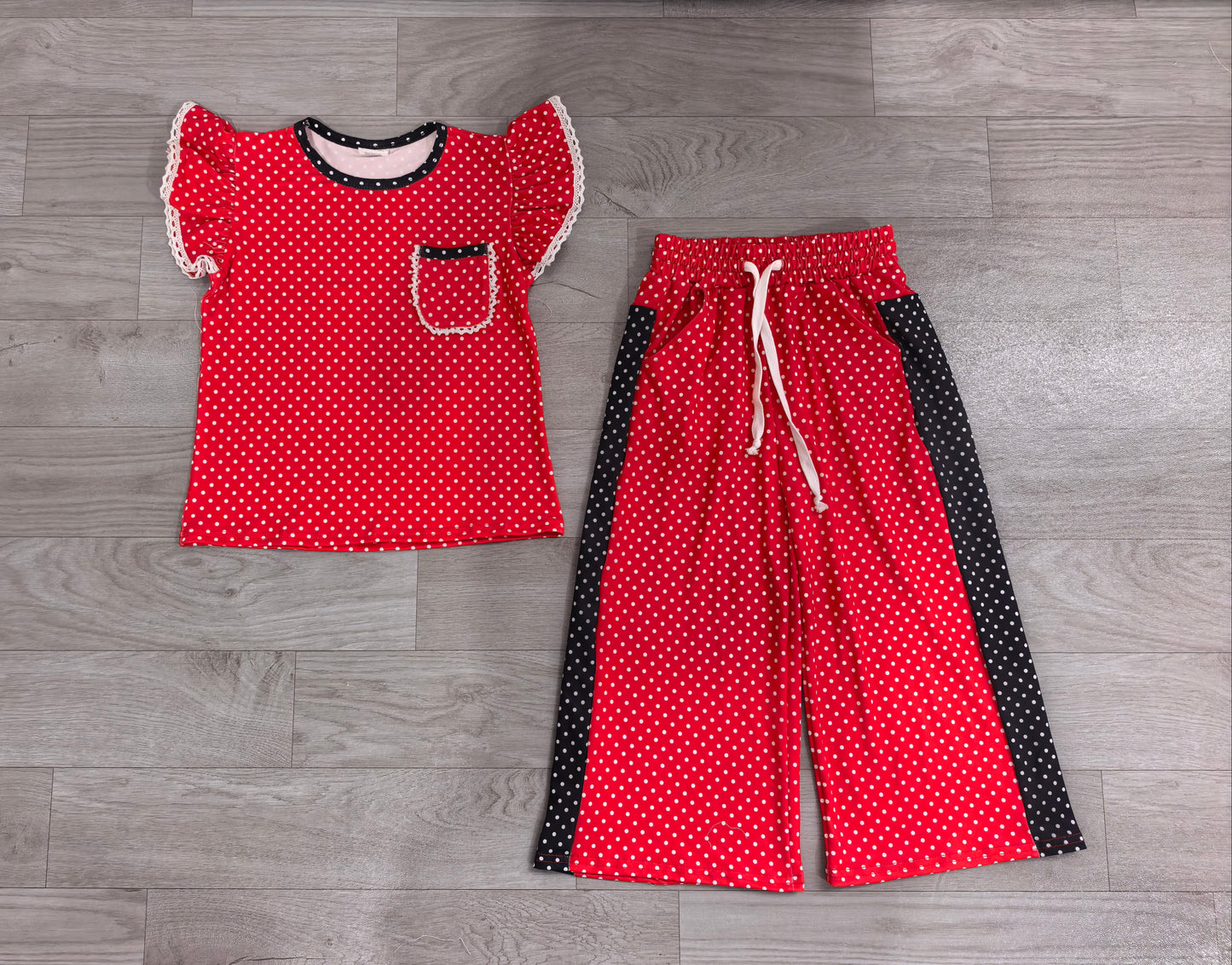 Red polka dots flutter sleeves top pants girls team outfits