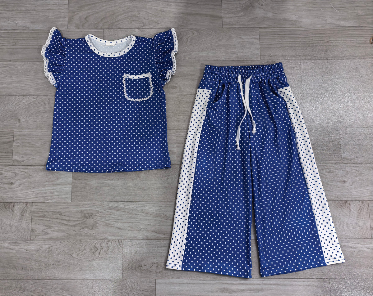 Blue polka dots flutter sleeves top pants girls team outfits