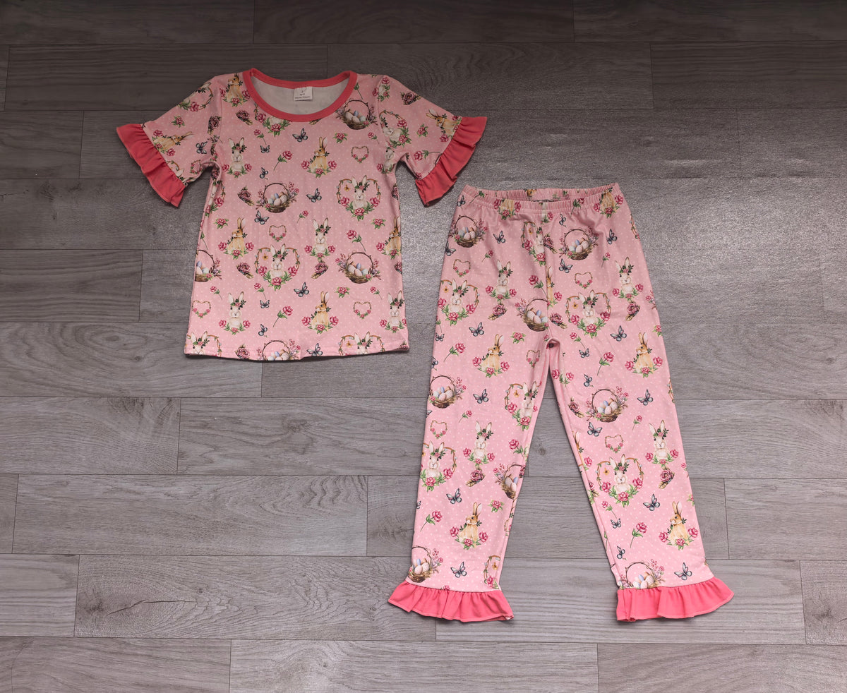 Short sleeves rabbit egg top pants girls Easter pajamas