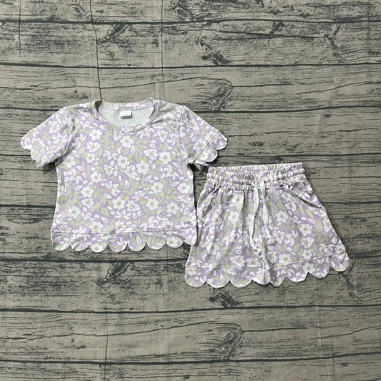 Lavender white floral scallop top shorts girls outfits