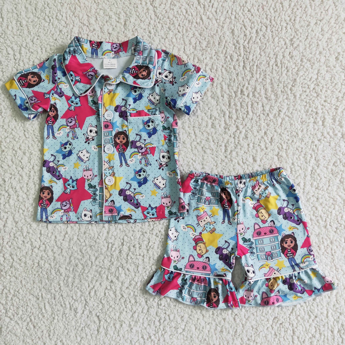 Cute cat short sleeve shirt ruffle shorts girls summer pajamas