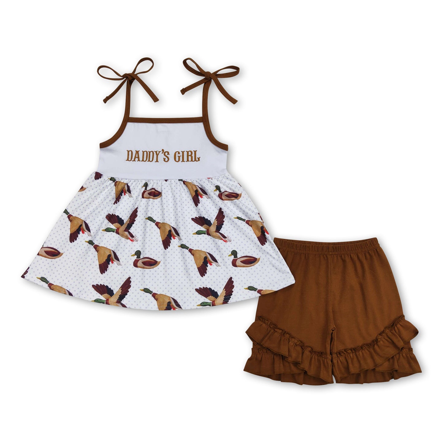 Brown straps duck tunic shorts girls clothing set ship from US