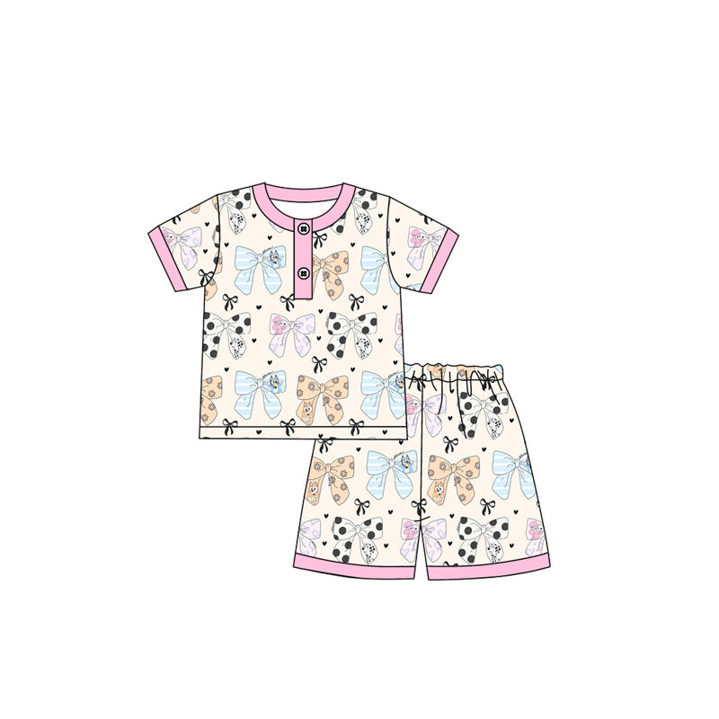 Pink short sleeves dog bows baby girls summer pajamas