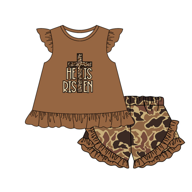 He is risen camo cross top ruffle shorts girl Easter clothes