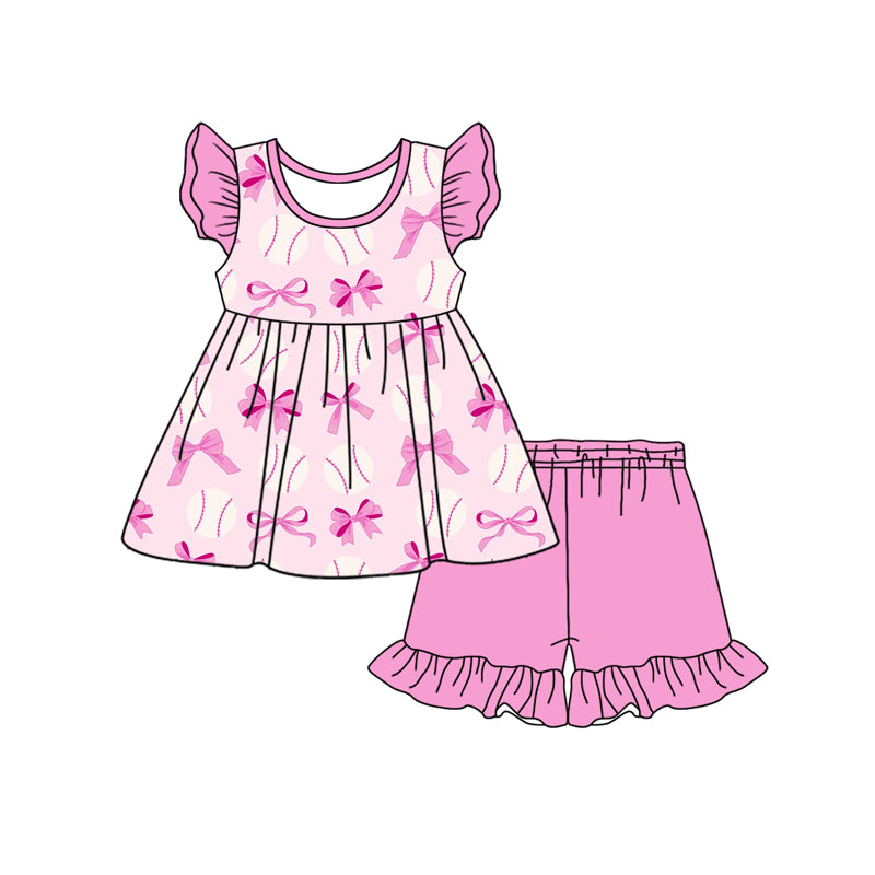 Flutter sleeves baseball bow tunic ruffle shorts girls clothes