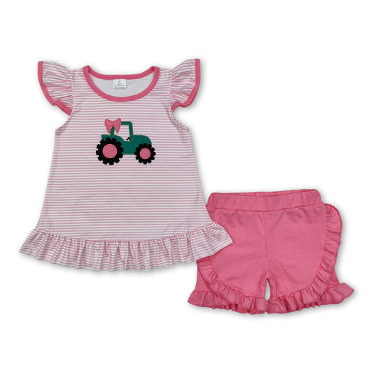 Pink stripe flutter sleeves tractor kids girls farm outfits ship from US
