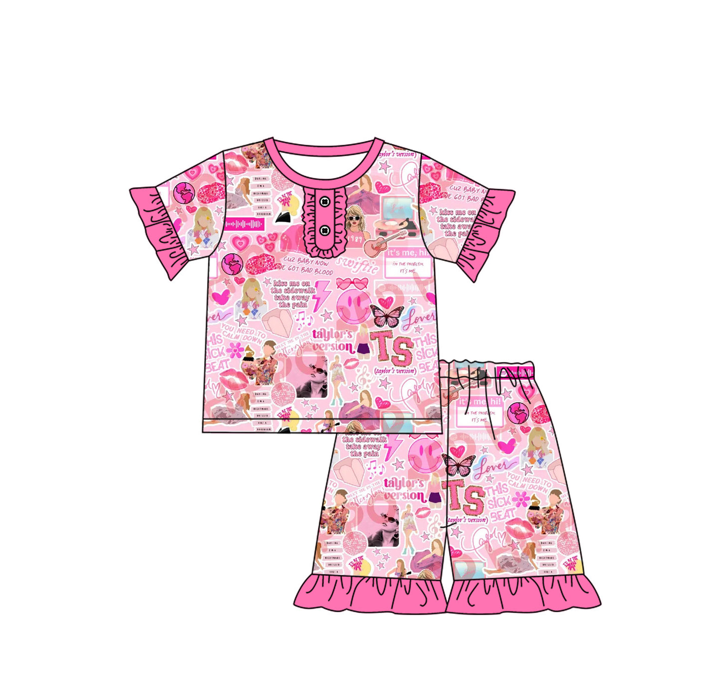 Pink ruffle short sleeves smile heart singer girls pajamas