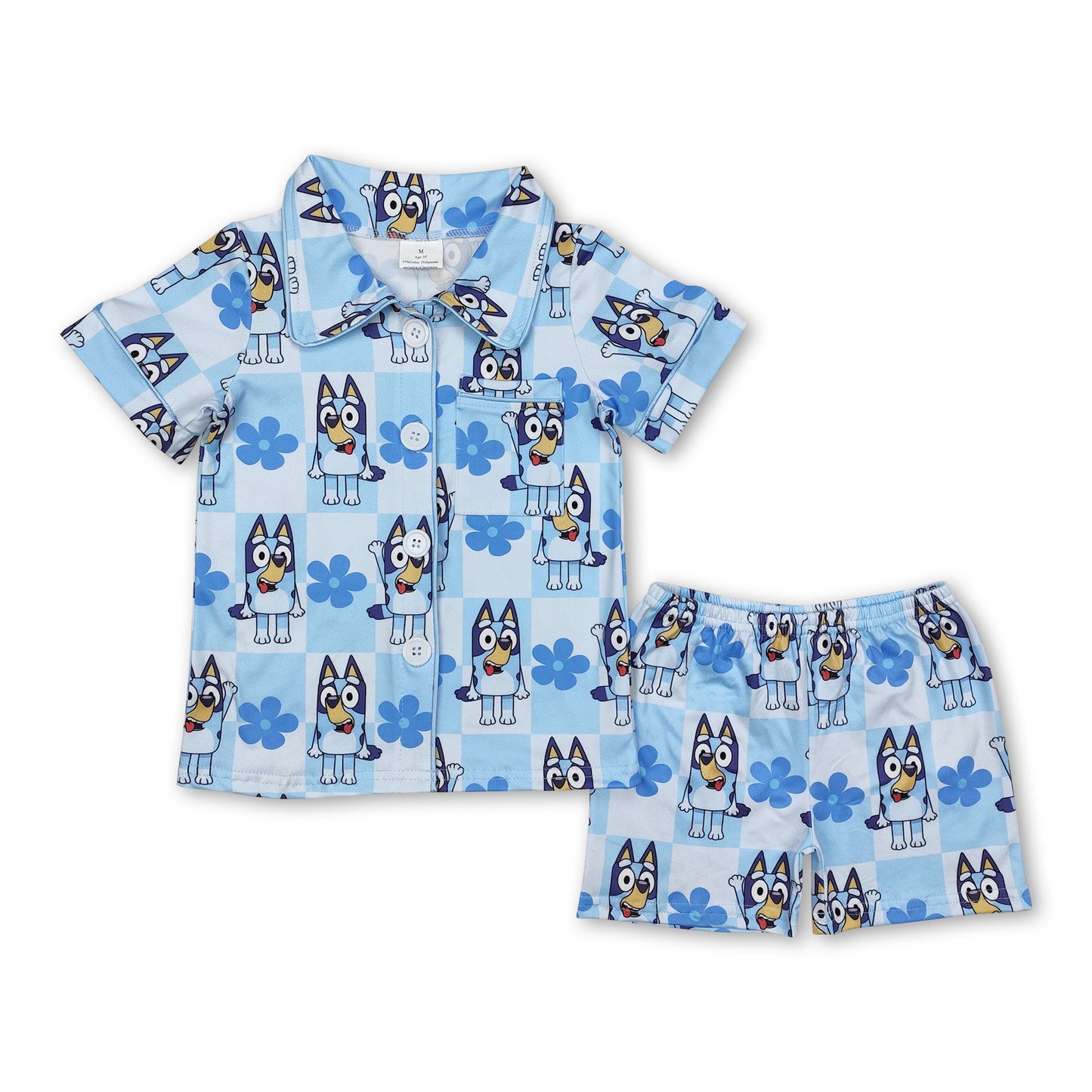 Light blue floral dog plaid kids girls button down pajamas