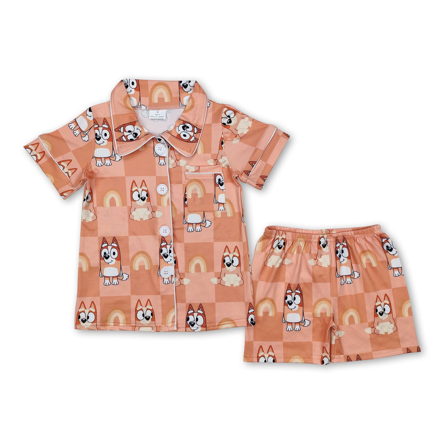 Yellow rainbow dog plaid kids girls button down pajamas