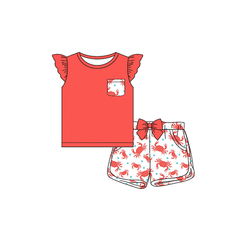 Flutter sleeves red top crab shorts girls summer clothes