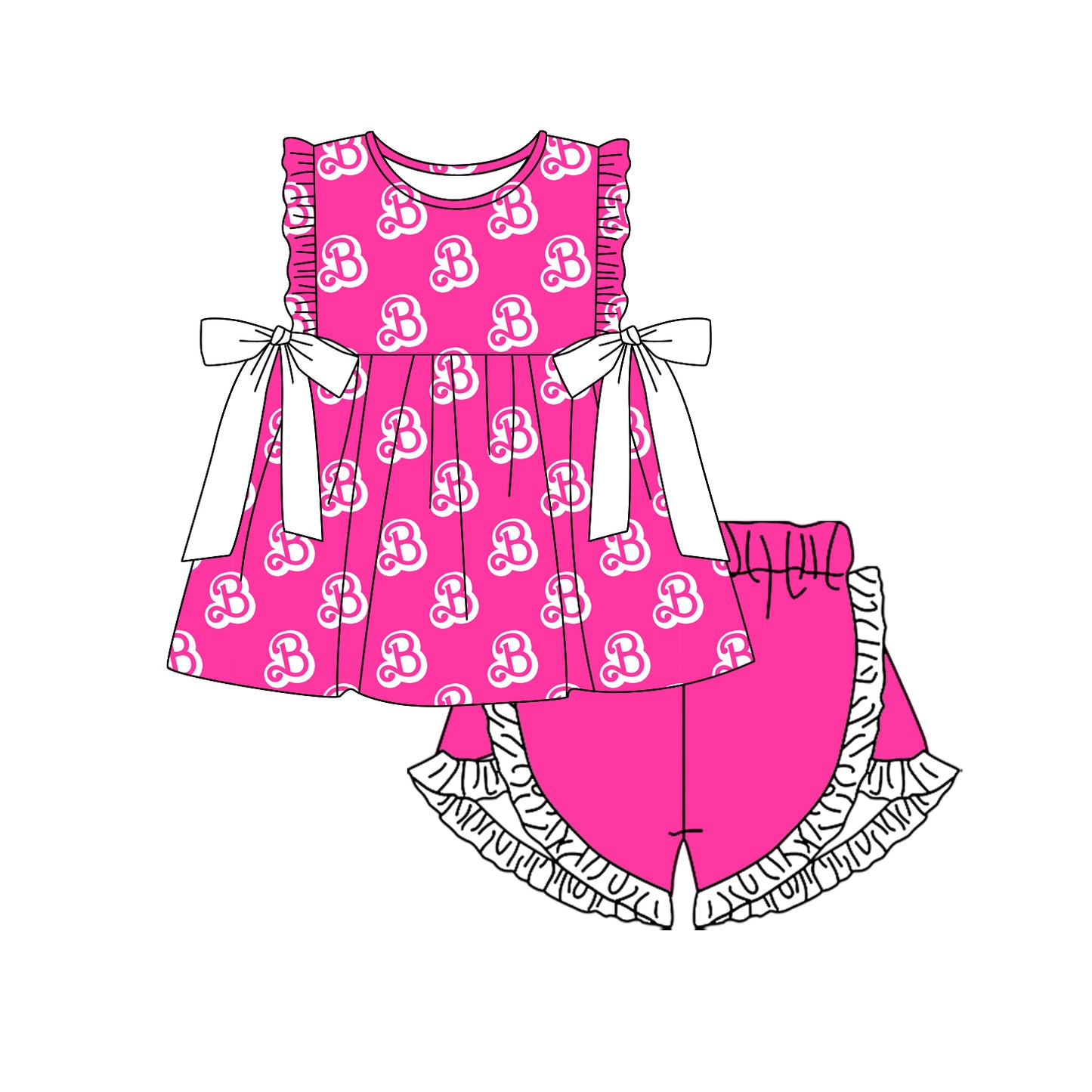 Hot pink B ruffle tunic shorts party girls clothing set